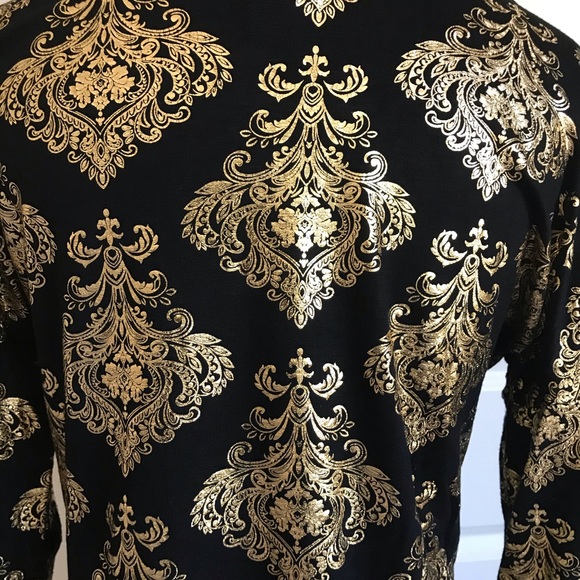 Black and gold damask print long sleeve top size S - Picture 4 of 5